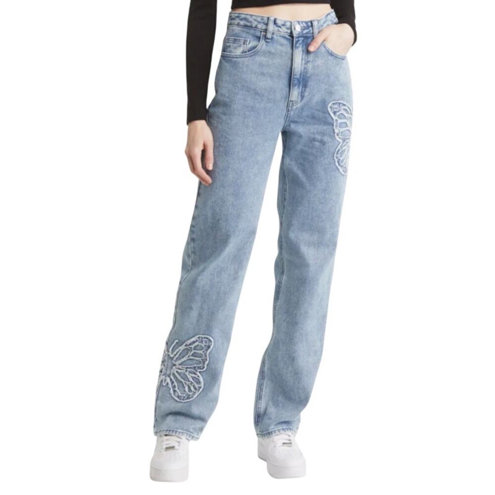 Pacsun 90s Butterfly Patch Light Wash Blue High Rise Straight Leg Jeans size 27 - Picture 2 of 12